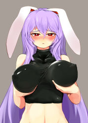 Rule 34 | 1girl, animal ears, bare shoulders, blush, breast hold, breasts, rabbit ears, covered erect nipples, ears down, frown, grey background, highres, large breasts, long hair, looking at viewer, midriff, nama shirasu, navel, nose blush, parted lips, purple hair, red eyes, reisen udongein inaba, simple background, solo, touhou, triangle mouth, upper body, very long hair