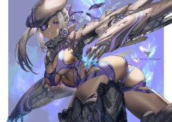 1girl armor ass beige_skin bodysuit breasts cyborg eyepatch gauntlets grey_hair hanging_breasts hat large_breasts looking_back original purple_background purple_eyes smile underboob yoshimoto_(dear_life)