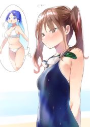 Rule 34 | 2girls, absurdres, bikini, blue eyes, blue hair, blush, breast envy, breasts, brown eyes, brown hair, commentary, goggles, goggles around neck, highres, long hair, multiple girls, original, rinku (rin9), school swimsuit, small breasts, swimsuit, twintails, wet, white bikini