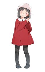 Rule 34 | 1girl, ^ ^, beret, black hair, black pantyhose, blush, closed eyes, closed mouth, collared dress, dress, facing viewer, full body, gomennasai, hands up, hat, head tilt, highres, long sleeves, no shoes, original, own hands together, palms together, pantyhose, red dress, simple background, sleeves past wrists, smile, solo, standing, tights day, white background, white hat