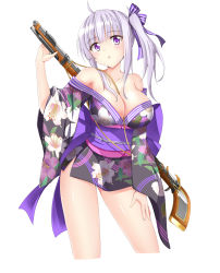 Rule 34 | 1girl, :o, ahoge, armpits, benchen06, between breasts, breasts, cleavage, collarbone, cropped legs, female focus, gun, hair ribbon, hand on leg, hand on own thigh, highres, japanese clothes, kimono, large breasts, looking at viewer, off shoulder, one side up, original, parted lips, purple eyes, ribbon, rifle, short hair, silver hair, simple background, solo, standing, weapon, weapon on back, white background