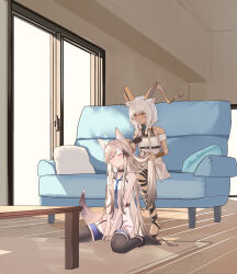 Rule 34 | 2girls, absurdres, animal ear fluff, animal ears, arknights, bare shoulders, beeswax (arknights), between legs, black pantyhose, blush, brown hair, cardigan (arknights), closed eyes, closed mouth, commission, couch, dark-skinned female, dark skin, dress, gloves, goggles, goggles around neck, grey gloves, grey hair, hand between legs, highres, horns, indoors, multicolored hair, multiple girls, no shoes, on couch, pantyhose, pillow, sitting, skeb commission, sleeveless, sleeveless dress, suzubotan, table, tail, two-tone hair, wariza, white dress, window, wooden floor