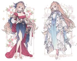 Rule 34 | 2girls, blonde hair, blue dress, breasts, bright pupils, cleavage, double-parted bangs, dress, embroidery, fashion, flower, grey footwear, hand on own hip, headdress, high heels, iris (flower), juliet sleeves, large breasts, lemon89h, long hair, long sleeves, looking at viewer, multicolored clothes, multiple girls, original, puffy sleeves, red eyes, red flower, red lips, sidelocks, standing, very long hair, white flower, white pupils, yellow footwear
