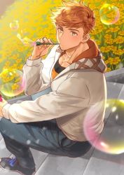 Rule 34 | 1boy, alternate costume, bara, blonde hair, blowing bubbles, bubble pipe, casual, collarbone, floral background, flower, full body, gradient hair, granblue fantasy, green eyes, higashigunkan, holding, hood, hood down, hoodie, light, long sleeves, looking at viewer, male focus, multicolored hair, open clothes, open hoodie, outdoors, pants, pectorals, shoes, sitting, sitting on stairs, solo, stairs, toned, toned male, vane (granblue fantasy), yellow flower