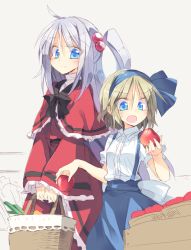 Rule 34 | 2girls, aged down, ahoge, alice margatroid, alice margatroid (pc-98), apple, bad id, bad twitter id, blonde hair, blue eyes, blush, bow, bowtie, capelet, dress, food, fruit, hair bobbles, hair ornament, hairband, layered dress, long hair, long sleeves, looking down, mother and daughter, multiple girls, open mouth, puffy sleeves, red dress, ribbon, satou kibi, shinki (touhou), shirt, shopping basket, short sleeves, side ponytail, silver hair, skirt, smile, sweatdrop, touhou, touhou (pc-98), wide sleeves