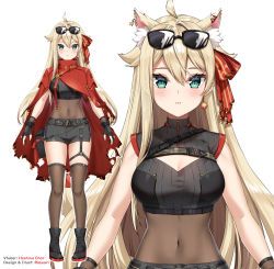 Rule 34 | 1girl, animal ear fluff, animal ears, artist name, bands, black footwear, black gloves, black shorts, blonde hair, blush, bodystocking, boots, breasts, cat ears, character name, character sheet, cleavage cutout, cloak, clothing cutout, covered navel, earrings, eyewear on head, gloves, highres, hoshino char, jewelry, kemonomimi mode, medium breasts, official art, partially fingerless gloves, red cloak, rosuuri, short shorts, shorts, solo, sunglasses, thigh strap, thighhighs, tsunderia, virtual youtuber