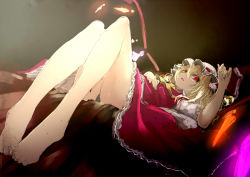 Rule 34 | 1girl, :o, absurdres, ascot, bare legs, barefoot, black panties, blonde hair, brown background, crystal, fang, flandre scarlet, full body, gradient background, hair between eyes, hat, highres, knees up, legs together, long skirt, lying, mob cap, on back, open mouth, panties, pantyshot, red eyes, red skirt, red vest, ribbon-trimmed headwear, ribbon trim, short hair, short sleeves, simple background, skirt, solo, thighs, toes, tooth, touhou, underwear, vampire, vest, watchi, white hat