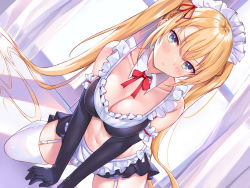 Rule 34 | 1girl, apron, bare shoulders, between legs, black gloves, black shirt, black skirt, blonde hair, blue eyes, bow, bowtie, breasts, cleavage, closed mouth, collarbone, crop top, detached collar, dutch angle, elbow gloves, frown, garter straps, gloves, hair ribbon, highres, kneeling, large breasts, long hair, looking at viewer, maid, maid apron, maid headdress, microskirt, midriff, nagiha kuten, navel, original, revealing clothes, ribbon, shirt, skirt, sleeveless, sleeveless shirt, solo, stomach, thighhighs, twintails, v-shaped eyebrows, very long hair, waist apron, white theme, white thighhighs, zettai ryouiki