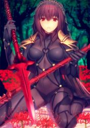 Rule 34 | 1girl, absurdres, armor, bodysuit, breasts, brown hair, diadem, dual wielding, fate/grand order, fate (series), flower, forest, gae bolg (fate), gem, highres, holding, holding weapon, kneeling, koyama hirokazu, long hair, looking at viewer, medium breasts, nature, official art, on ground, outdoors, parted lips, pauldrons, polearm, purple bodysuit, red eyes, scathach (fate), shoulder armor, sitting, skin tight, solo, spear, spider lily, tree, veil, very long hair, wariza, weapon