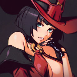 Rule 34 | 1girl, bare shoulders, black hair, blunt bangs, bob cut, breasts, center opening, choker, cleavage, detached sleeves, female focus, fingerless gloves, gloves, green eyes, guilty gear, hat, i-no, ilya kuvshinov, large breasts, lips, looking at viewer, mole, red hat, solo
