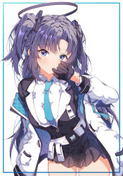 Rule 34 | 1girl, black gloves, black skirt, blue archive, blue necktie, blush, closed mouth, collared shirt, commentary, cowboy shot, formal, gloves, halkawa501, halo, highres, id card, jacket, long hair, long sleeves, looking at viewer, mechanical halo, necktie, open clothes, open jacket, pleated skirt, purple eyes, purple hair, shirt, skirt, solo, suit, two-sided fabric, two-sided jacket, two side up, white jacket, white shirt, yuuka (blue archive)