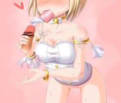Rule 34 | 10s, 1girl, alternate costume, bare arms, bare shoulders, blonde hair, blush, bottomless, bracelet, breasts, censored, choker, cleavage, collar, collarbone, condom, condom in mouth, condom wrapper, disembodied penis, djeeta (granblue fantasy), frills, full-face blush, granblue fantasy, handjob, hetero, idol, jewelry, large breasts, leaning forward, mouth hold, penis, pussy juice, short hair, simple background, solo focus, star (symbol), strap slip, superstar (granblue fantasy), takasimareki