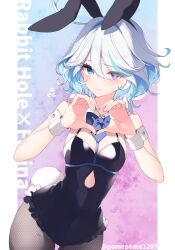 Rule 34 | 1girl, ahoge, alternate costume, animal ears, artist name, black leotard, blue bow, blue bowtie, blue eyes, blue hair, blush, bow, bowtie, breasts, closed mouth, covered navel, cowboy shot, detached collar, fake animal ears, furina (genshin impact), furrowed brow, genshin impact, hair between eyes, heart, heart hands, heterochromia, highres, leotard, light blue hair, looking at viewer, multicolored hair, playboy bunny, pomepome1207, rabbit ears, rabbit tail, short hair, sidelocks, simple background, sleeveless, small breasts, solo, streaked hair, tail, two-tone hair, white hair