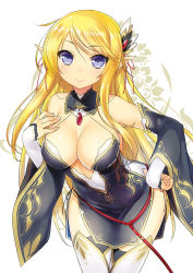 Rule 34 | 1girl, 47agdragon, bare shoulders, black dress, blonde hair, blue eyes, blush, breasts, cleavage, cover, cover page, detached collar, detached sleeves, dress, elf, hair ornament, hand on own hip, highres, isekai no hime wa ore no mono! elf musume to yarakasu cheat goudatsu seikatsu, large breasts, leaning forward, long hair, looking at viewer, mina (isekai no hime wa ore no mono!), novel cover, official art, original, pelvic curtain, pointy ears, side slit, simple background, smile, solo, thighhighs, white background, white thighhighs, wide sleeves