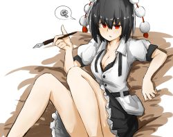 Rule 34 | 1girl, bad id, bad pixiv id, black hair, breasts, cleavage, clenched teeth, glasses, kankan33333, nib pen (object), open clothes, pen, pom pom (clothes), red eyes, red hair, shameimaru aya, short hair, solo, spoken squiggle, squiggle, teeth, touhou
