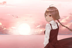 Rule 34 | 1girl, :|, ahoge, bad id, bad pixiv id, bird, braid, brown dress, brown eyes, brown hair, chinese commentary, closed mouth, cloud, cloudy sky, collared shirt, commentary request, dress, highres, long hair, long sleeves, looking back, outdoors, pink sky, red dress, red skirt, shirt, skirt, sky, solo, standing, sun, sunset, upper body, vocaloid, vsinger, white shirt, white sleeves, yuezheng ling, zifu z