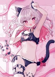 Rule 34 | 1girl, absurdres, animal ear fluff, animal ears, bell, black bra, black panties, blush, bra, bright pupils, cat ears, cat tail, clothing cutout, colored inner hair, commentary, fang, grey hair, heart, heart-shaped pupils, heart cutout, highres, karunabaru, long hair, makaino ririmu, multicolored hair, neck bell, nijisanji, open mouth, panties, pillow, pink eyes, pink hair, pink ribbon, ribbon, skin fang, solo, stuffed animal, stuffed rabbit, stuffed toy, symbol-shaped pupils, tail, underwear, virtual youtuber, white pupils