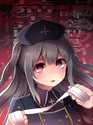 Rule 34 | bandages, commentary request, creepy, grey hair, hat, highres, horror (theme), jacket, long hair, long sleeves, looking at viewer, minai karte, neit ni sei, nurse cap, open mouth, red eyes, smile, solo, translation request, twintails, upper body, virtual youtuber