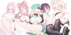 Rule 34 | 5girls, :d, :q, animal ear fluff, animal ears, arm up, ass, beret, between breasts, black-framed eyewear, black legwear, black panties, black shorts, blonde hair, blue eyes, blush, bow, bra, braid, breasts, breasts out, brown hair, cat ears, cat tail, clothes lift, crotch seam, dragon quest, dragon quest x, elf, elf (dq10), fang, flower, frilled legwear, glasses, green eyes, green hair, hair between eyes, hair bow, hair flower, hair ornament, hat, highres, jewelry, kaede (sayappa), large breasts, long hair, long sleeves, looking at viewer, medium breasts, multiple girls, navel, necklace, nipples, no shoes, open clothes, open mouth, panties, panties under pantyhose, panty pull, pantyhose, pink bow, pink eyes, pink hair, pointy ears, pom pom (clothes), pussy, red-framed eyewear, red eyes, semi-rimless eyewear, shirt lift, short hair, shorts, side-tie panties, simple background, skirt, small breasts, smile, socks, swept bangs, tail, thighhighs, tongue, tongue out, twin braids, under-rim eyewear, underwear, untied panties, v, white background, white flower, white legwear, white panties, yellow legwear
