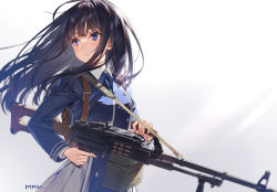 Rule 34 | 1girl, backpack, bag, black hair, blue dress, blue ribbon, blurry, blurry foreground, blush, commentary, depth of field, dress, expressionless, eyebrows hidden by hair, floating hair, gun, highres, holding, holding gun, holding weapon, inoue takina, long hair, looking away, looking to the side, lycoris recoil, machine gun, mmu, neck ribbon, official art, pk machine gun, pkm, purple eyes, ribbon, signature, simple background, solo, trigger discipline, upper body, weapon, white background