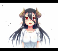 Rule 34 | 1girl, black hair, breasts, crying, crying with eyes open, dragon girl, dragon horns, dream demon, hair between eyes, horned girl (dream demon), horns, letterboxed, long hair, medium breasts, monster girl, open mouth, original, pointy ears, rectangular mouth, red eyes, shirt, simple background, solo, t-shirt, tears, upper body, white background