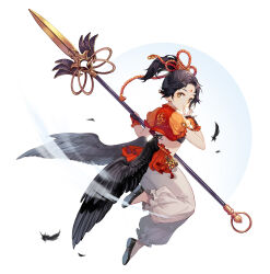 Rule 34 | 1girl, black hair, black wings, brown eyes, earrings, facial mark, feathers, fingerless gloves, forehead mark, gloves, holding, holding polearm, holding weapon, jewelry, korean commentary, looking at viewer, original, pointy ears, polearm, ponytail, puffy pants, puffy short sleeves, puffy sleeves, saeldam, short sleeves, smile, solo, spear, stud earrings, tengu, weapon, wings