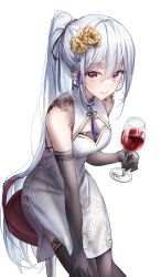 Rule 34 | 1girl, absurdres, blush, breasts, dress, earrings, flower, gloves, grey hair, hair flower, hair ornament, highres, jewelry, long hair, looking at viewer, nagul, off-shoulder dress, off shoulder, original, ponytail, red eyes, smile, solo, thighhighs, very long hair, white background