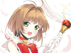 Rule 34 | 1girl, :d, antenna hair, asutora, bad id, bad twitter id, bow, bowtie, brown hair, cardcaptor sakura, gloves, green eyes, kinomoto sakura, looking at viewer, magical girl, open mouth, red bow, red bowtie, short hair, simple background, smile, solo, upper body, white background, white gloves