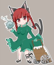 Rule 34 | 1girl, :3, animal ears, black bow, black footwear, black ribbon, blush, bow, braid, breasts, bwell, cat ears, cat tail, closed mouth, commentary request, dress, extra ears, fang, fang out, flaming skull, floating skull, frilled dress, frilled sleeves, frills, full body, green dress, grey background, hair bow, impossible clothes, impossible dress, juliet sleeves, kaenbyou rin, leg ribbon, long hair, long sleeves, looking at viewer, mary janes, medium breasts, multiple tails, nekomata, outline, puffy sleeves, red eyes, red hair, ribbon, shoes, simple background, skull, smile, solo, standing, tail, touhou, twin braids, wheelbarrow, white outline