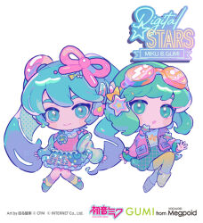 Rule 34 | 2girls, blue eyes, blue hair, blush stickers, bow, brooch, character name, chibi, closed mouth, collared jacket, copyright notice, crypton future media, digital stars, digital stars gumi, digital stars gumi (2021), digital stars miku, digital stars miku (2021), frilled skirt, frills, goggles, goggles on head, green eyes, green hair, green skirt, gumi, hair bow, hair ornament, hair ribbon, hatsune miku, high collar, invisible chair, jacket, jewelry, logo, long hair, looking at viewer, mawarusanso, multiple girls, official art, open clothes, open jacket, open mouth, orange-framed eyewear, orange-tinted eyewear, orange jacket, pantyhose, pink ribbon, pink shirt, portrait, ribbon, round eyewear, second-party source, shirt, short hair, shorts, shorts under skirt, simple background, sitting, skirt, smile, sound wave, star (symbol), star brooch, star hair ornament, tinted eyewear, twintails, vocaloid, white background, white shirt, yellow bow, yellow footwear, yellow pantyhose