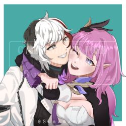 Rule 34 | 1boy, 1girl, :d, arknights, artist name, blue eyes, border, breasts, cheek-to-cheek, cleavage, commission, crossover, elf, elysia (honkai impact), elysia (miss pink elf) (honkai impact), elysium (arknights), green background, grey eyes, grin, heads together, highres, honkai (series), honkai impact 3rd, hug, jacket, long hair, multicolored hair, name connection, open mouth, pink hair, pointy ears, short hair, simple background, smile, streaked hair, sunamary, white border, white hair, white jacket