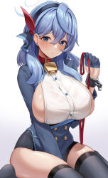Rule 34 | 1girl, absurdres, ako (blue archive), bell, between legs, black gloves, black thighhighs, blue archive, blue eyes, blue hair, blush, breasts, collar, commentary, earrings, gloves, gradient background, hair between eyes, hairband, halo, hand between legs, highres, holding, holding leash, huge breasts, jewelry, kneeling, leash, long hair, long sleeves, looking at viewer, neck bell, onedoo, sideboob, simple background, skindentation, skirt, solo, symbol-only commentary, thighhighs, thighs