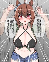 Rule 34 | 1girl, absurdres, against wall, agnes tachyon (lunatic lab) (umamusume), agnes tachyon (umamusume), ahoge, animal ears, arms up, belly, bikini, bikini under clothes, black bikini, blue shorts, blush, breasts, brown hair, cleavage, collarbone, commentary request, criss-cross halter, disembodied limb, ear ornament, emphasis lines, empty eyes, eyelashes, green jacket, hair between eyes, halterneck, highres, holding another&#039;s wrist, horse ears, jacket, jewelry, large breasts, looking at viewer, medium hair, midriff, moshi (atelier33-4), navel, official alternate costume, open clothes, open fly, open mouth, open shorts, partial commentary, pov, pov hands, red eyes, ring, short shorts, shorts, solo focus, stomach, sweat, swimsuit, tied jacket, translation request, umamusume, unbuttoned, wide-eyed