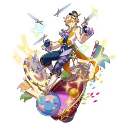 Rule 34 | 1boy, ball, blonde hair, boots, circus, clothing request, clown, cygames, dagger, dragalia lost, flag, fritz (dragalia lost), full body, gradient hair, knife, looking at viewer, male focus, multicolored hair, nintendo, non-web source, official art, saitou naoki, semi-rimless eyewear, shine, solo, transparent background, under-rim eyewear, weapon, yellow eyes