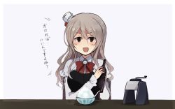 Rule 34 | 10s, 1girl, annin musou, bad id, bad twitter id, bottle, brown eyes, food, grey hair, hat, highres, ice shaver, kantai collection, long hair, open mouth, pola (kancolle), shaved ice, solo, translated