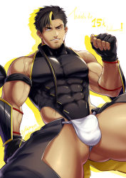 Rule 34 | 1boy, bara, bare shoulders, black hair, blonde hair, bulge, covered abs, covered erect nipples, covered navel, crotchless, crotchless pants, facial hair, fundoshi, gluteal fold, highres, hip vent, japanese clothes, large pectorals, looking at viewer, male focus, male underwear, milestone celebration, multicolored hair, muscular, muscular male, ninja (yzpyn), original, pants, pectorals, scar, scar on face, shirt, short hair, skin tight, solo, spread legs, streaked hair, stubble, taut clothes, taut shirt, thick thighs, thighs, veins, white male underwear, yzpyn