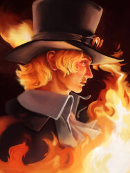 Rule 34 | 1boy, ascot, blonde hair, closed mouth, fire, from side, goggles, goggles on headwear, hat, lordofthepies, one piece, sabo (one piece), short hair, solo, top hat