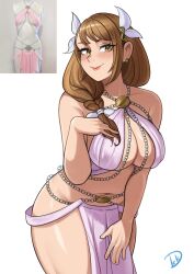 Rule 34 | 1girl, absurdres, alternate costume, bare shoulders, blush, braid, braided ponytail, breasts, brown eyes, brown hair, chain, cleavage, cowboy shot, dancer, deliciousbrain, fire emblem, fire emblem engage, goldmary (fire emblem), hair ornament, hair ribbon, hand on own chest, harem outfit, highres, jewelry, large breasts, leaning forward, long hair, looking at viewer, low ponytail, navel, nintendo, pelvic curtain, revealing clothes, ribbon, signature, smile, solo, stomach, thighs, white background, white ribbon