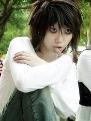 Rule 34 | 1girl, asian, bags under eyes, child, cosplay, cosplay photo, crossdressing, death note, l (death note), photo (medium), real life, solo, trap