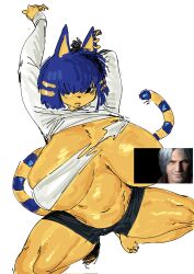 Rule 34 | 1girl, animal crossing, animal ears, ankha (animal crossing), breasts, cat, cat ears, cat tail, censored, dante (devil may cry), devil may cry (series), egyptian, furry, gigantic breasts, highres, khentaiu, nintendo, novelty censor, one eye covered, squatting, tail, thick thighs, thighs, torn clothes
