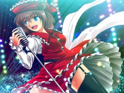 Rule 34 | 1girl, black thighhighs, blue eyes, blush, breasts, brown hair, concert, female focus, garter straps, hat, light particles, lyrica prismriver, microphone, microphone stand, music, nekominase, open mouth, short hair, singing, skirt, solo, thighhighs, touhou