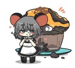 Rule 34 | 1girl, :t, ?, afterimage, alternate costume, animal ears, apron, black dress, black footwear, black pantyhose, blush stickers, closed mouth, commentary request, commentary typo, cupcake, dress, eating, enmaided, fins, fish tail, food, food on face, fuka-chan, grey eyes, grey hair, heart, highres, kemonomimi mode, maid, maid apron, mouse ears, notice lines, original, pantyhose, saucer, shadow, shark tail, shoes, short eyebrows, short sleeves, simple background, solo, spoken question mark, tail, tail wagging, thick eyebrows, uni souchou, white apron, white background
