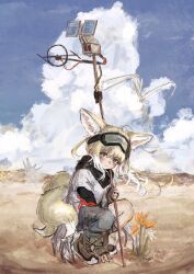 Rule 34 | 1girl, ahoge, animal ear fluff, animal ears, arknights, black scarf, blonde hair, brown footwear, closed mouth, colored tips, flower, fox ears, fox girl, fox tail, full body, goggles, goggles on head, green eyes, hair tubes, highres, holding, holding staff, long hair, looking at viewer, mashiro (mashilolicon), multicolored hair, official alternate costume, outdoors, scarf, smile, solo, squatting, staff, suzuran (arknights), suzuran (lostlands flowering) (arknights), tail, two-tone hair, white hair