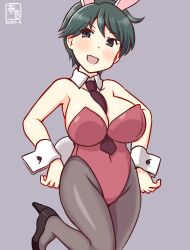Rule 34 | 1girl, alternate breast size, alternate costume, animal ears, artist logo, between breasts, black hair, black necktie, black pantyhose, breasts, cleavage, cowboy shot, dated, detached collar, grey background, kanon (kurogane knights), kantai collection, large breasts, leotard, mogami (kancolle), necktie, necktie between breasts, one-hour drawing challenge, pantyhose, playboy bunny, rabbit ears, rabbit tail, red leotard, short hair, simple background, smile, solo, standing, standing on one leg, strapless, strapless leotard, tail, wrist cuffs