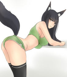 Rule 34 | 1girl, animal ear fluff, animal ears, ass, bent over, black hair, black thighhighs, bluefield, blunt bangs, breasts, brown eyes, female focus, fox ears, fox tail, highres, large breasts, long hair, looking at viewer, looking back, original, short shorts, shorts, smile, solo, tail, taut clothes, thighhighs, tsurime