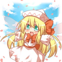Rule 34 | 1girl, blonde hair, blue sky, blush, bow, capelet, chibi, cloud, day, dress, female focus, green eyes, hair ribbon, hat, kousa (black tea), lily white, long hair, open mouth, outstretched arms, petals, pink dress, ribbon, sash, sky, smile, solo, touhou, wings
