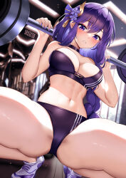 Rule 34 | 1girl, ass, barbell, bare arms, bare shoulders, black choker, blurry, blurry background, blush, breasts, buruma, choker, cleavage, commentary, crop top, genshin impact, hair between eyes, hands up, highres, indoors, large breasts, long hair, looking at viewer, midriff, navel, purple buruma, purple eyes, purple hair, raiden shogun, shoes, sneakers, solo, sports bra, spread legs, squatting, squchan, stomach, strapless, thick thighs, thighs, very long hair