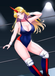 Rule 34 | 1girl, blonde hair, blue leotard, boots, breasts, cleavage, commission, elbow pads, highres, horns, hoshiguma yuugi, knee pads, large breasts, leotard, lights, long hair, looking at viewer, mattyakinako (odango imomushi), oni, pixiv commission, pointy ears, red eyes, red leotard, single horn, smile, stage lights, touhou, wrestling boots, wrestling outfit, wrestling ring