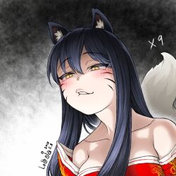 Rule 34 | 1girl, ahri (league of legends), animal ear fluff, animal ears, artist name, bare shoulders, black hair, blush, breasts, collarbone, dated, facial mark, fox ears, fox tail, grey background, large breasts, league of legends, lolboja, long hair, smug, tail, teeth, whisker markings, white background