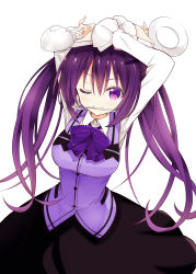 Rule 34 | 1girl, ;), absurdres, arms up, black skirt, blush, bow, bowtie, breasts, closed mouth, collared shirt, cup, gochuumon wa usagi desu ka?, hair between eyes, hair ornament, hairclip, highres, holding, holding plate, long hair, long sleeves, looking at viewer, medium breasts, mouth hold, mug, nanakusa (user rnpt7322), one eye closed, plate, purple bow, purple bowtie, purple eyes, purple hair, rabbit house uniform, shirt, simple background, skirt, smile, solo, spoon, tedeza rize, twintails, very long hair, white background, wing collar